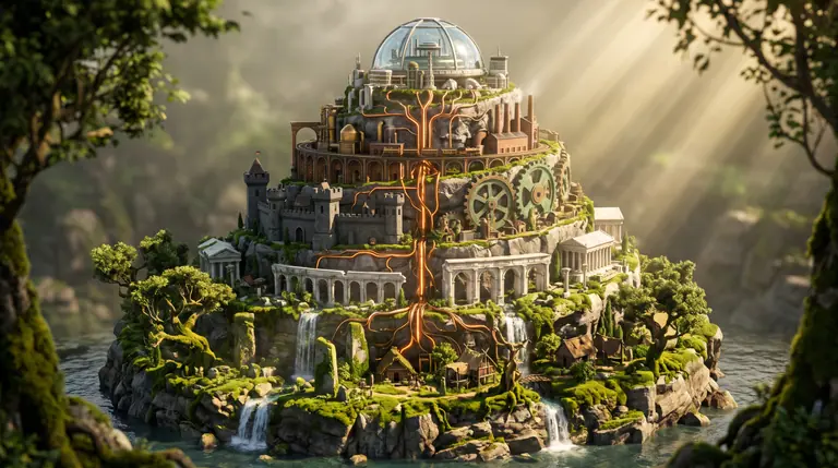 A tiered city ascending a spiral cliff from Stone Age huts and medieval walls up to industrial brass viaducts and a futuristic glass dome.