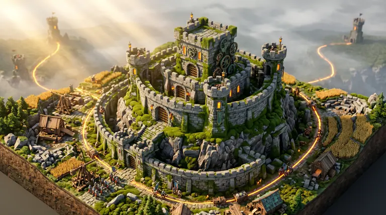 A concentric medieval stone castle with moss-bound ramparts, timber workshops, and siege trebuchets overlooking a misty valley of rival keeps.
