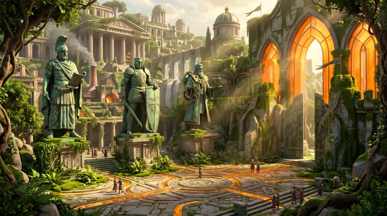A grand citadel plaza where heroic commanders in bronze and stone armour stand before glowing amber portal arches and a terraced historic city.
