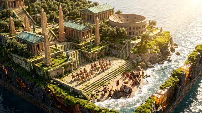 An ancient coastal city combining Egyptian obelisks, Greek bronze-roofed temples, and Roman arches with a tactical hoplite formation in the foreground.