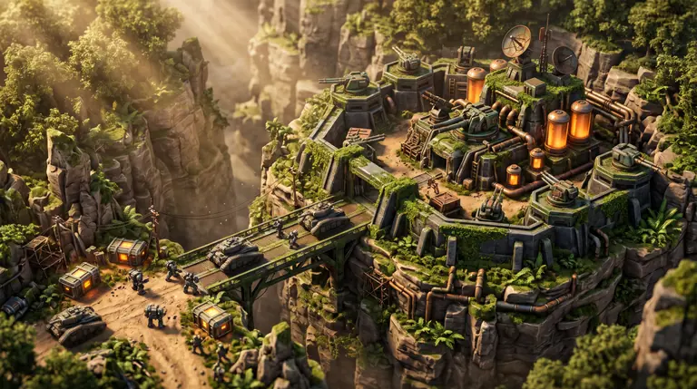 A fortified sector base with polygonal blast walls, radar dishes, glowing amber power silos, and a platoon of heavy tanks crossing a mossy canyon bridge.