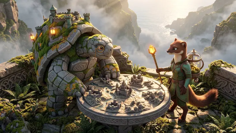 Bastior Mossmantle the granite tortoise-castellan and Bryona Vane the pine-marten siege-architect studying a glowing moss-and-stone fortress relief map on a sunlit highland parapet.