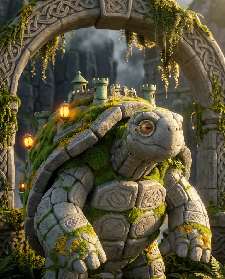 Portrait of Bastior Mossmantle, the granite-and-moss tortoise castellan with a brass monocle and a miniature star-fortress shell.